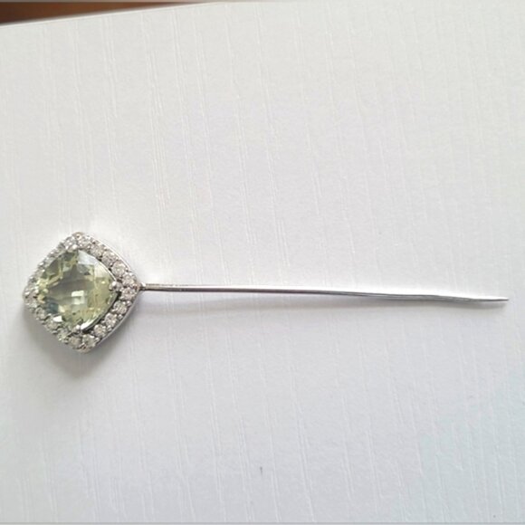 Men's Vintage Style Sterling Silver Cushion Cut Green Quartz Crystal Lapel Pin - Picture 2 of 9